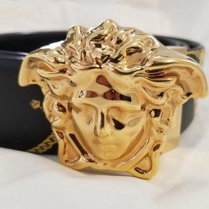 Versace Gold Medusa Head Buckle Black Leather Men’s 105/42